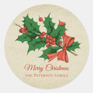 Adesivo Redondo Retro Vintage Merry Christmas Holly Nome do Arco