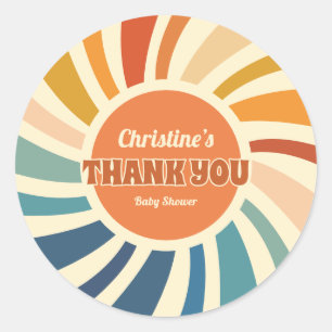 Adesivo Redondo Retro Vintage Sun Rainbow Chá de fraldas Obrigado