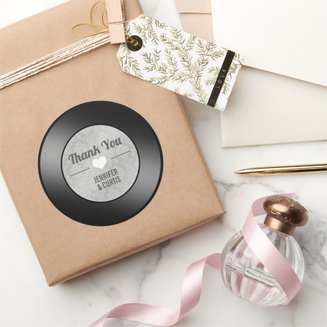 Adesivo Redondo Retro Vinyl Record Wedding Obrigado (Presentear)