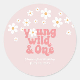 Adesivo Redondo Retro Young Wild One Daisy floral primeiro anivers