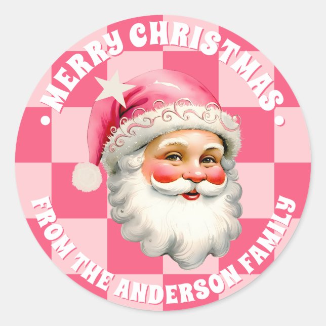 Adesivo Redondo Retron Rosa Papai Noel Rosa Tartan Xadrez Rosa Nat (Frente)