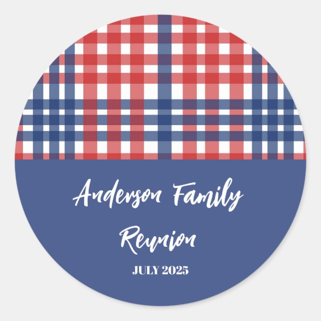 Adesivo Redondo Reunião da família Red, White e Blue Gingham (Frente)