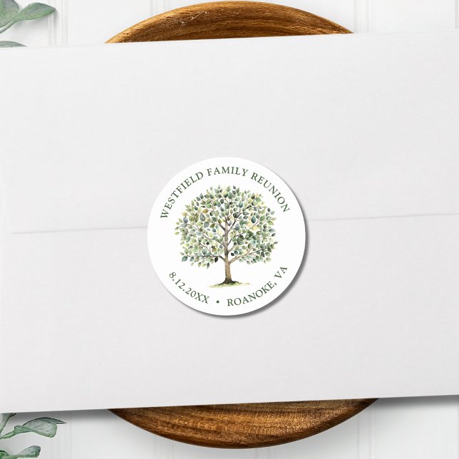 Adesivo Redondo Reunião Familiar Árvore Aquarela Floresta (Family Reunion Woodland Watercolor Tree Envelope Seal Classic Round Sticker)