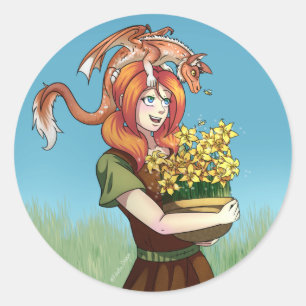 Adesivo Redondo Reunindo Flores com um Dragão