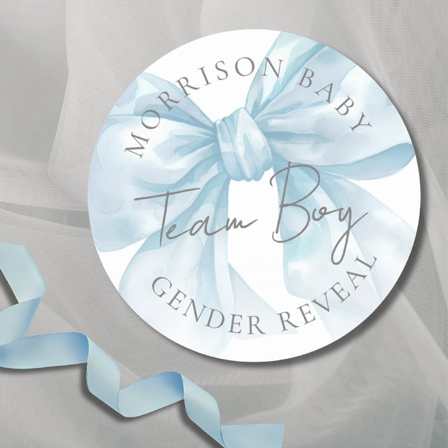 Adesivo Redondo Revisão de Gênero do Arco Azul do Team Boy (Team Boy Blue Bow Gender Reveal Classic Round Sticker )