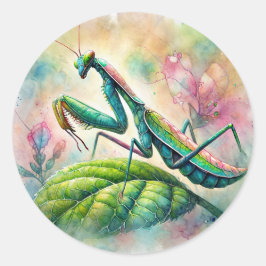 Adesivo Redondo Rezando Mantis Em Leaf Watercolor