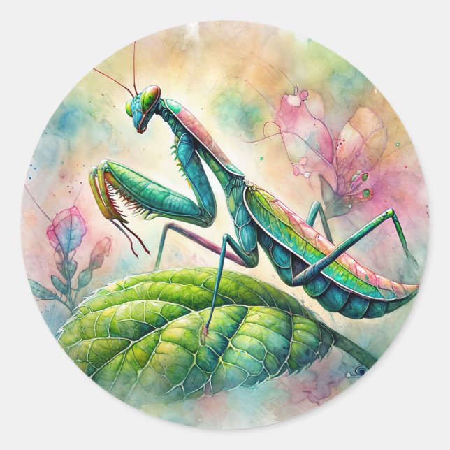 Adesivo Redondo Rezando Mantis Em Leaf Watercolor (Frente)