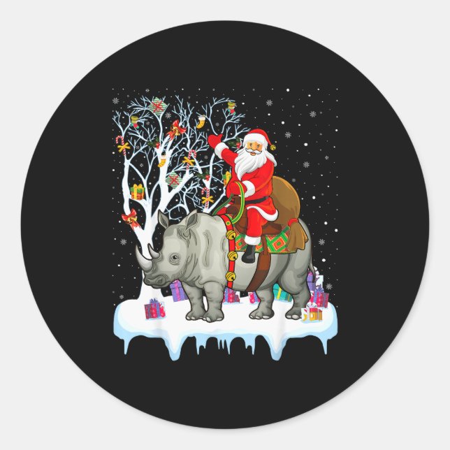 Adesivo Redondo Rhinoceros Lover Xmas Gift Santa Riding Rhino Chri (Frente)