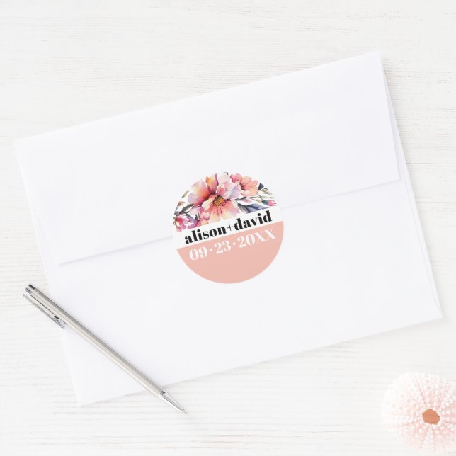 Adesivo Redondo Rhododendron, bold typography peach-pink wedding (Envelope)