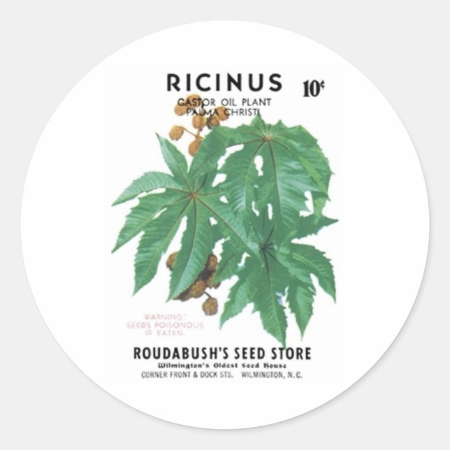 Adesivo Redondo Ricinus, Castor OIl Plant, Roudabush Seed Store (Frente)