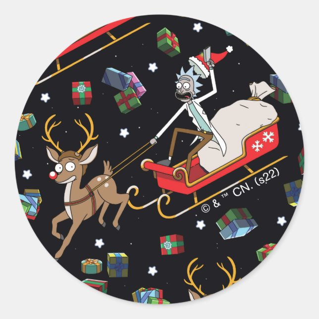 Adesivo Redondo Rick and Morty | Christmas Reindeer Sleigh Pattern (Frente)