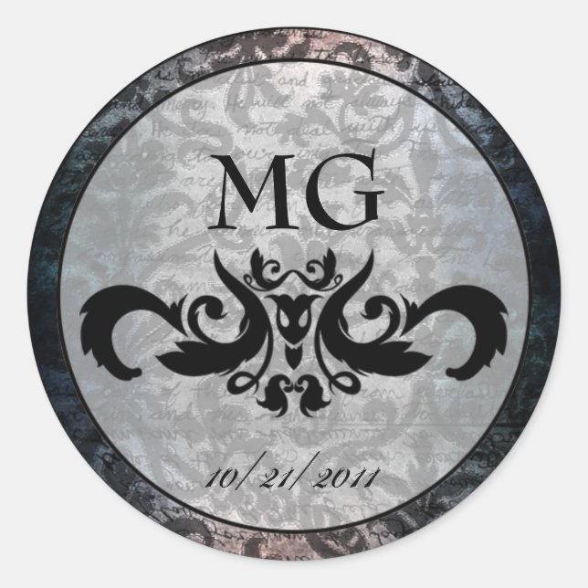 Adesivo Redondo Rico Preto Damasco Gótico Padrões/Fechos de Envelo (Frente)