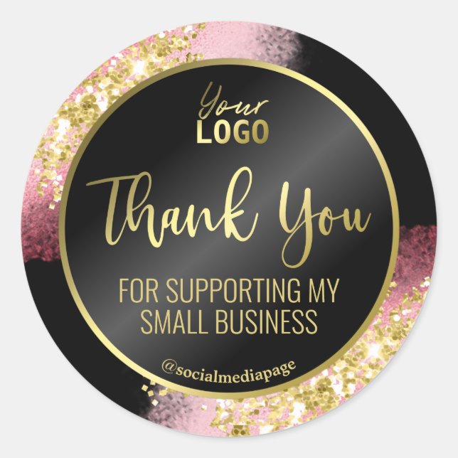 Adesivo Redondo Rico rosa Dourado Brilho preto Obrigado Logo (Frente)