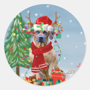 Adesivo Redondo Ridgeback Dog em Presente de Natal na Neve
