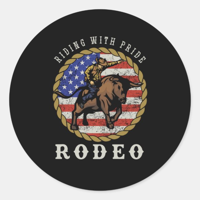 Adesivo Redondo Riding With Pride Rodeo Cowboy Bull Riding USA Gif (Frente)