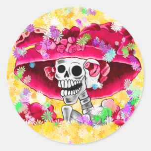 Adesivo Redondo Rindo de Mulher Esqueleta em Red Bonnet
