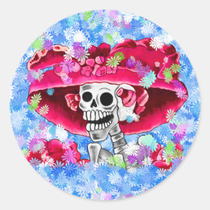 Adesivo Redondo Rindo de Mulher Esqueleta em Red Bonnet
