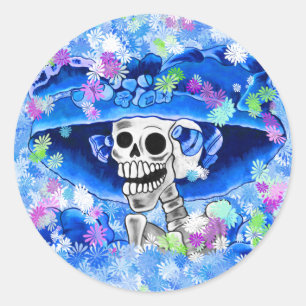 Adesivo Redondo Rindo de mulher esquelética em Blue Bonnet