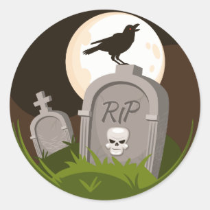 Adesivo Redondo Rip Skull Raven Grave Halloween Moon