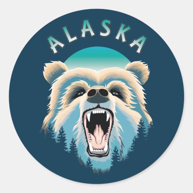 Adesivo Redondo Roaring Grizzly Bear Face - Alasca Willife (Frente)