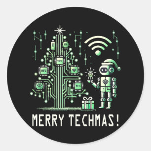 Adesivo Redondo Robô AI com Árvore de Natal Tech - Techmas de Feli