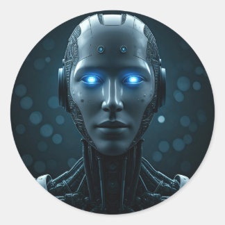 Adesivo Redondo Robô futurístico em um ambiente de alta tecnologia