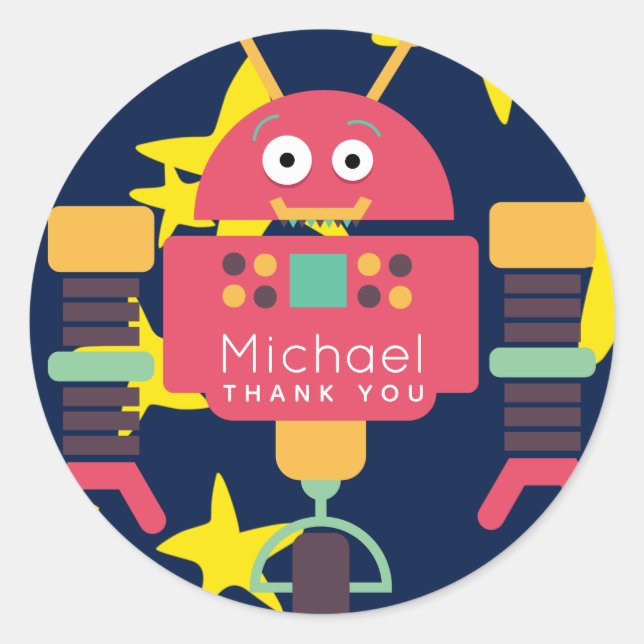 Adesivo Redondo Robot Party Stickers Boys Personalizados Favores (Frente)