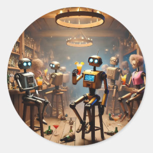 Adesivo Redondo robots having fun in a bar
