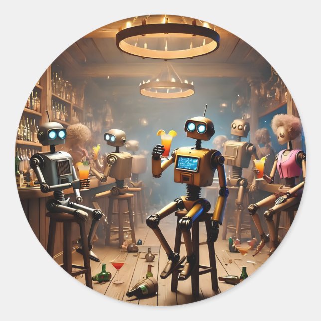 Adesivo Redondo robots having fun in a bar (Frente)
