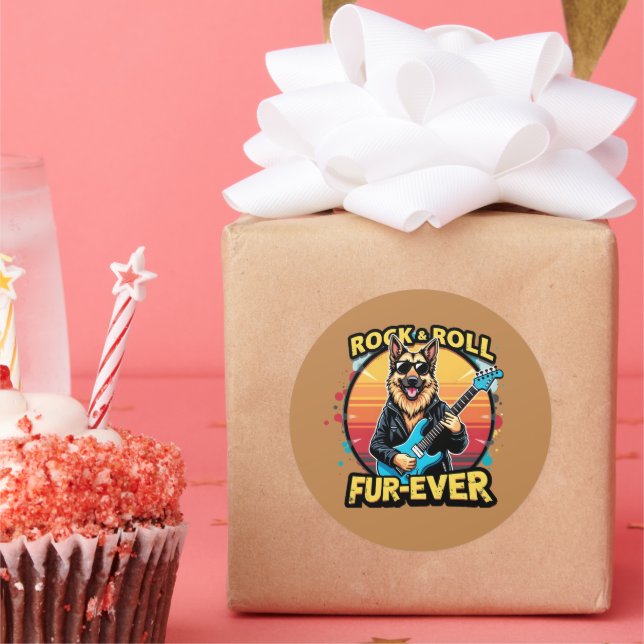 Adesivo Redondo Rocha e Roll German shepherd Retro Arte Sunset (Festa)