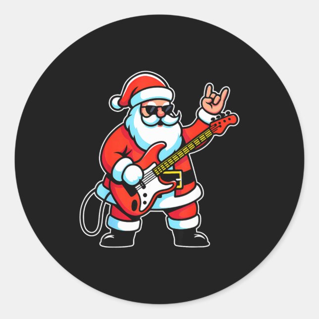 Adesivo Redondo Rock &amp; Roll Christmas Santa Claus Guitar Playe (Frente)