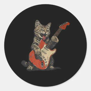 Adesivo Redondo Rock And Roll Guitar Cat Vintage Rock Guitarist Ca