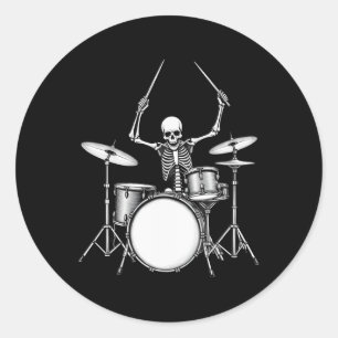 Adesivo Redondo Rock N Roll Drummer Skeleton Tocando Tambores
