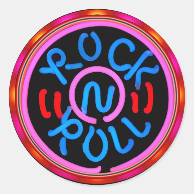 Adesivo Redondo Rock n Roll Música Neon Sinal Stickers (Frente)