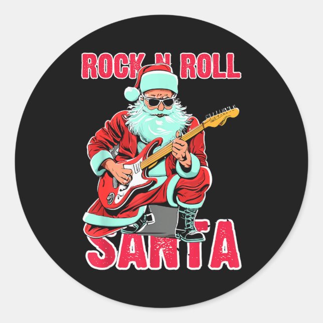 Adesivo Redondo Rock N Roll Santa Playing Guitar Christmas  (Frente)