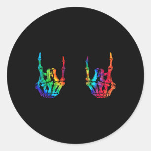 Adesivo Redondo Rock On Rock Star Skeleton Mãos Rocker Halloween