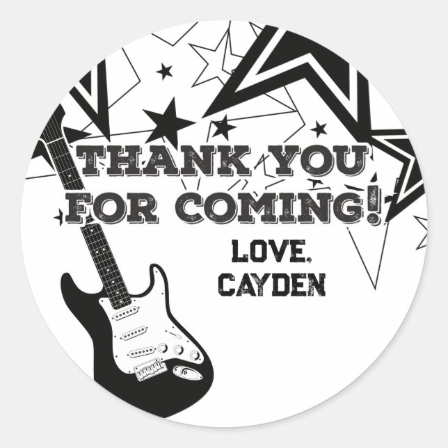 Adesivo Redondo Rock Star Aniversário Guitarra - estrelas pretas e (Frente)
