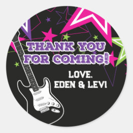 Adesivo Redondo Rock Star Aniversário Guitarra Estrelas Rosa Púrpu