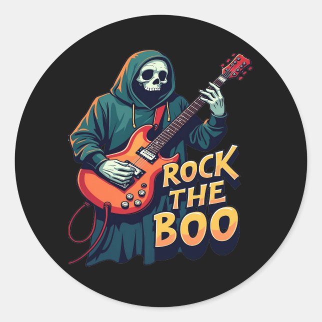 Adesivo Redondo Rock the Boo - Halloween Skeleton Guitar Design (Frente)