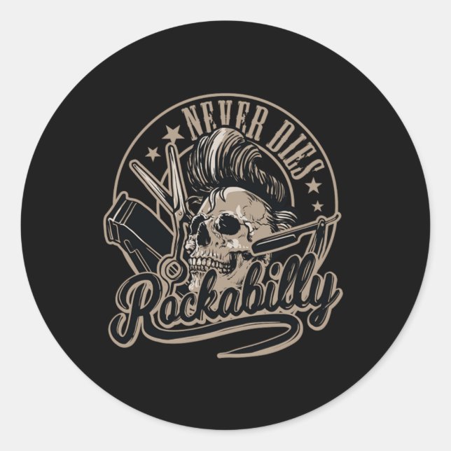 Adesivo Redondo Rockability Nunca Morre Barber Skull Rocker (Frente)