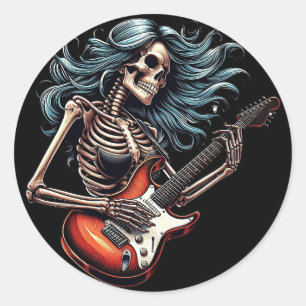 Adesivo Redondo Rocker Skeleton abraçando guitarra Dark art