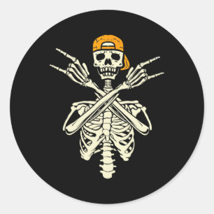 Adesivo Redondo Rocker Skeleton Boné Skater Halloween Rock Gir