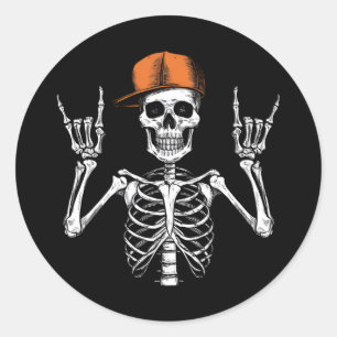 Adesivo Redondo Rocker Skeleton Boné Skater Legal Halloween Punk