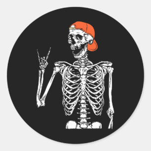 Adesivo Redondo Rocker Skeleton Hand Rock Sobre O Halloween Engraç
