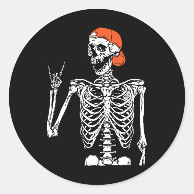 Adesivo Redondo Rocker Skeleton Hand Rock Sobre O Halloween Engraç (Frente)