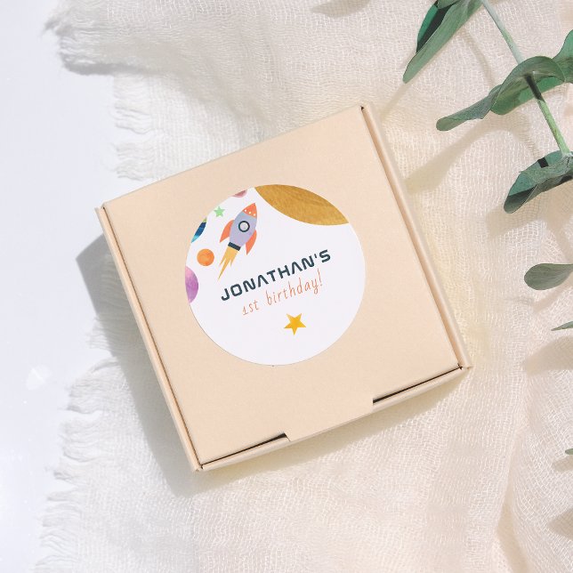 Adesivo Redondo Rocket Ship Trip Around The Sun Space Boy Birthday (Criador carregado)