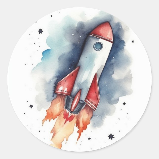 Adesivo Redondo Rocketship de Watercolor voando através das estrel (Frente)