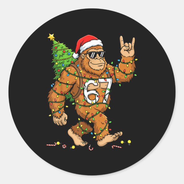 Adesivo Redondo Rockin' Bigfoot Christmas Tree Xmas Lights Funny 6 (Frente)