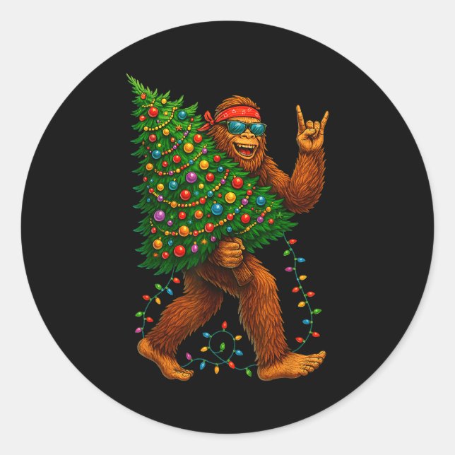 Adesivo Redondo Rockin Christmas Bigfoot Carrying Tree Fun Xmas Ro (Frente)