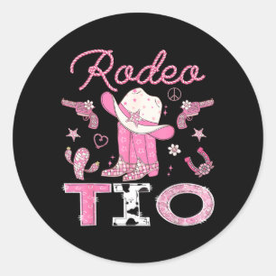 Adesivo Redondo Rodeio Tio 1º Aniversário Botas Rosa Disco Cowgirl